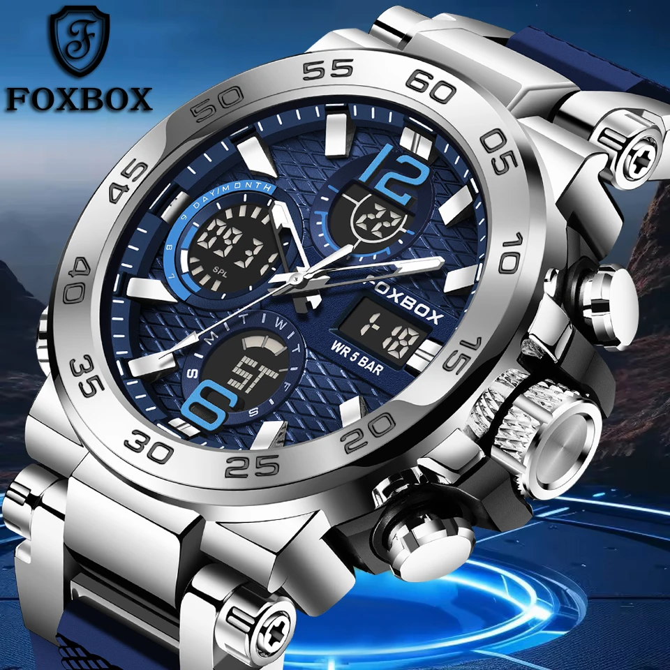 FOXBOX Sport Men's Digital Watch Fashion Quartz Big Dial Watch Men Casual Luminous Waterproof Watches Chronograph Clock Male