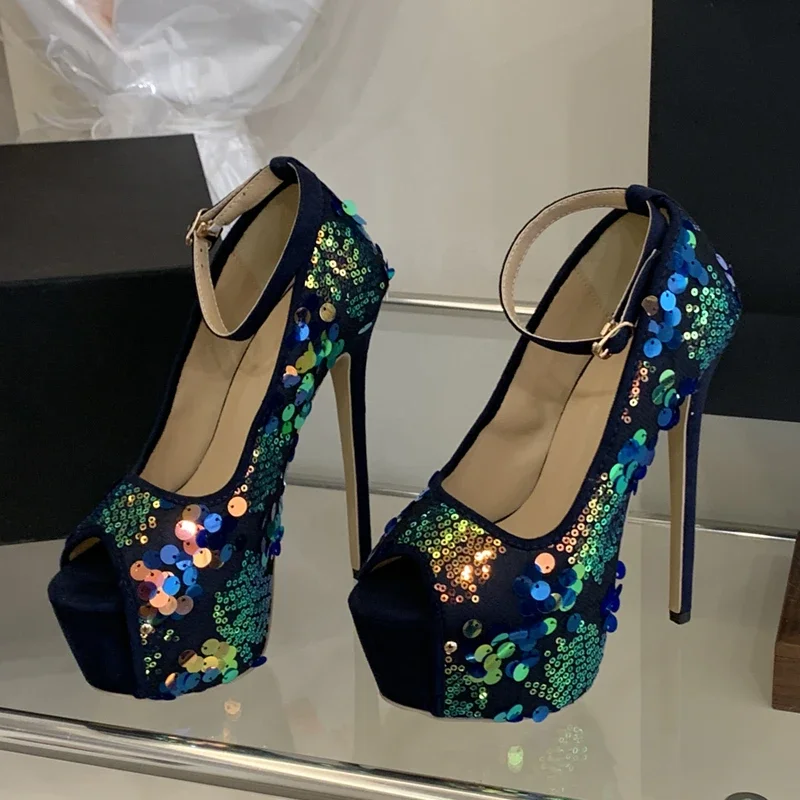 

Aneikeh Sexy Blue Elegant Glitter Peep Toe Super High Heels Women Platform Pumps Party Club Stripper Pole Dance Shoes Mujer