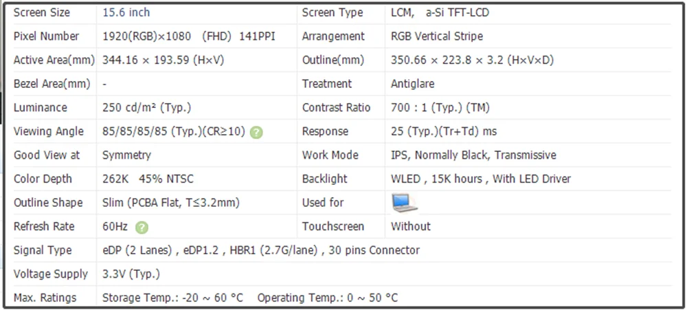 LP156WFC-SPDA LP156WFC SPDA 15.6 Inch Laptop LCD Screen EDP 30Pins FHD 1920x1080 IPS Panel 60Hz