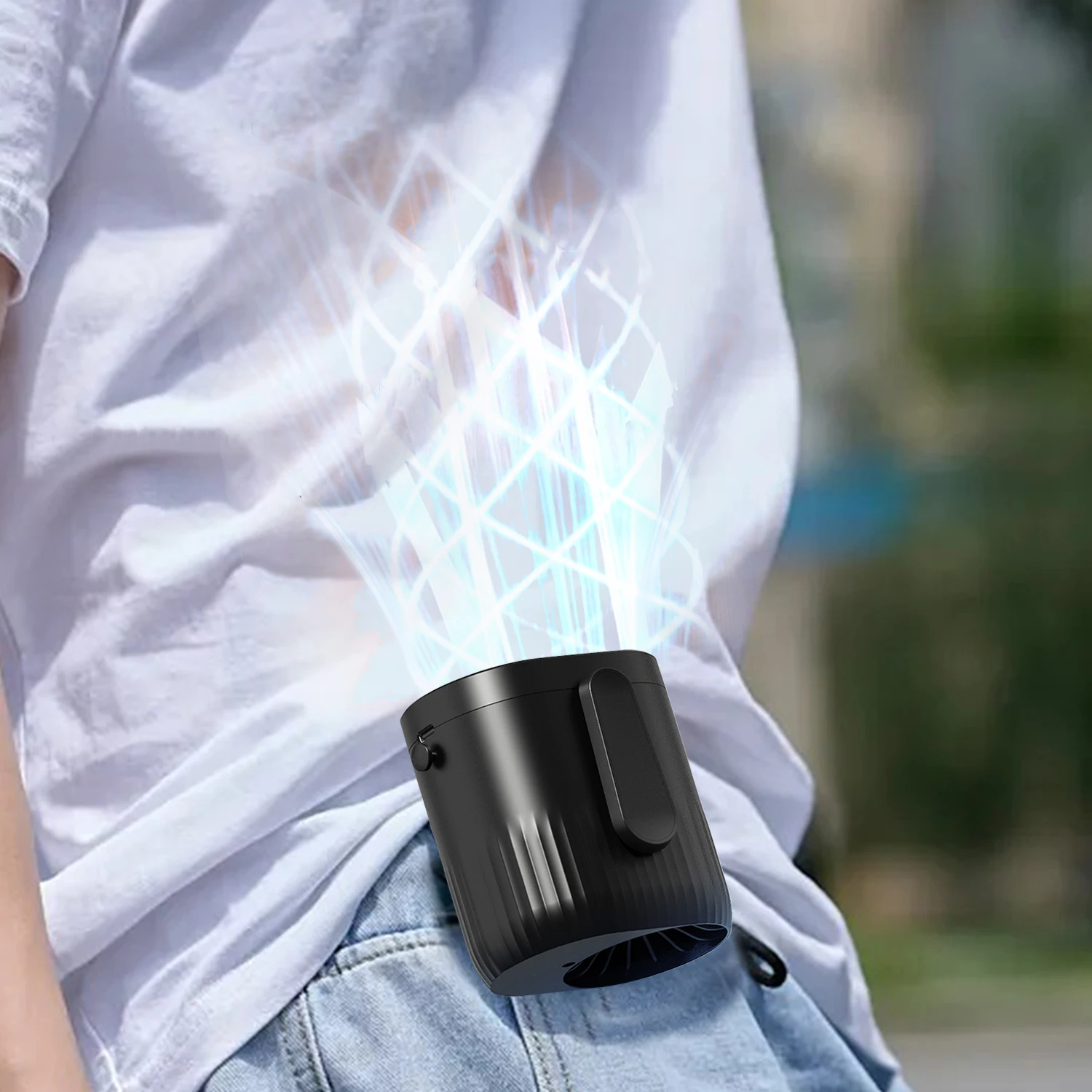 مشبك مروحة خصر محمول على الحزام، مروحة شخصية، 3 سرعات قابلة لإعادة الشحن، مصباح يدوي، مروحة تبريد للتخييم، في الهواء الطلق