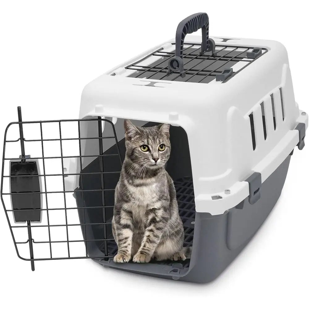 

18-дюймовая пластиковая переноска для собак и кошек с двумя дверцами, для животных весом до 10 фунтов, прочная ручка, надежный замок, серый цвет
