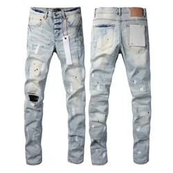 Purples jeans Men High street blue do vintage high quality repair low elevation brand skinny hold denim trousers pants