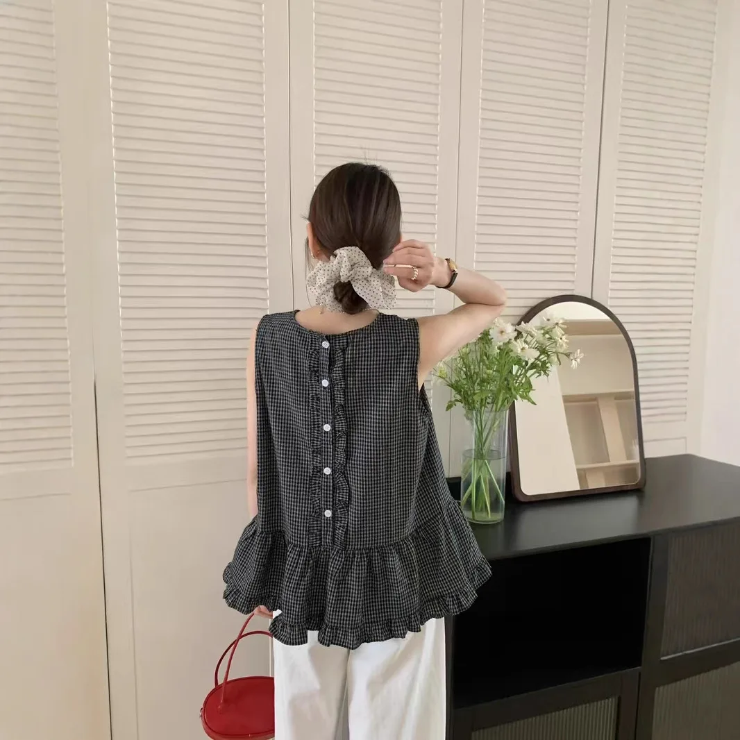 

Retro Preppy O-neck Plaid Chic Ruffle Sleeveless Vest Shirt For Women Summer Harajuku Loose Casual Korean-style Tops Versatile