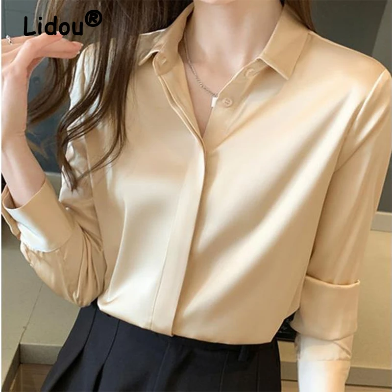 

Professional Solid Acetate Satin Shirt 2022 Spring Autumn Korean Style Blouse Turn Down Collar Long Sleeve Elegant Casual Shirt