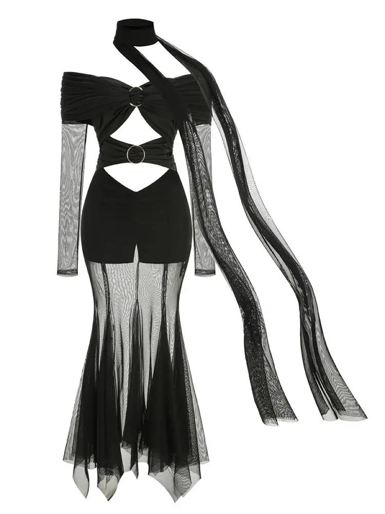 فستان نسائي طويل بدون أكتاف ، مقطوع ، شبكي ، مكشكش ، طويل ، مشهور ، أنيق ، حفلة ، سهرة ، نادي ، فاخر ، مثير ، ملابس ،