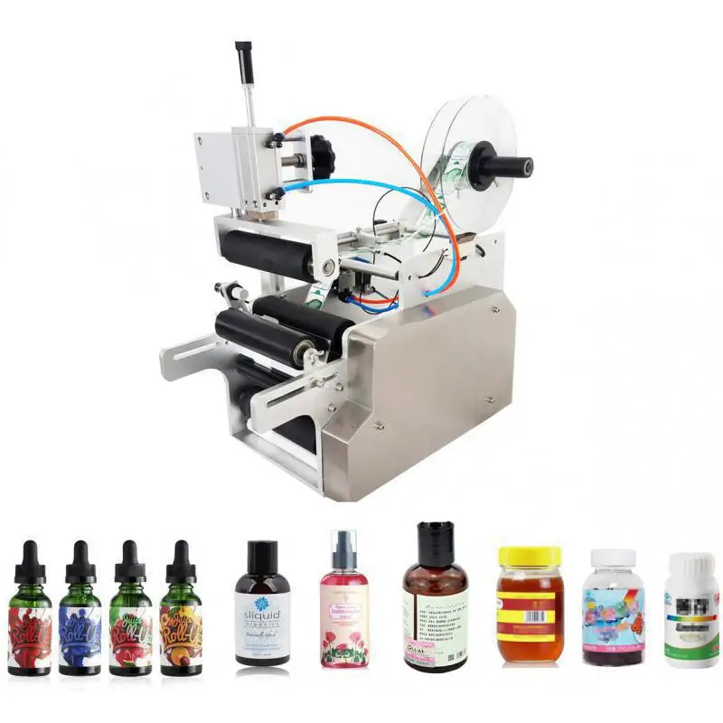 

Semi Automatic Labelling Machine Drugs Medicine Round Bottle Labeling High Accuracy Glass Plastic Bottle Labeler By Air Power