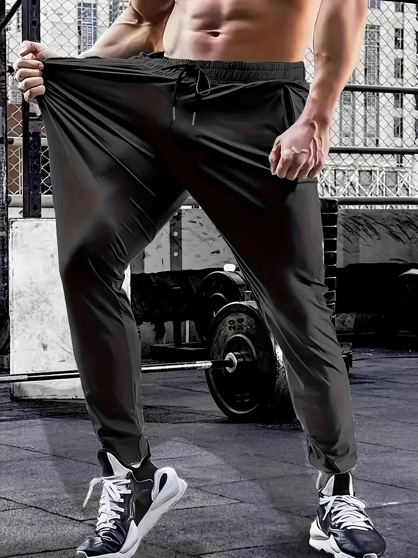 

Men's waist drawstring quick drying high elasticity solid color sports training outdoor pants with zipper pocket