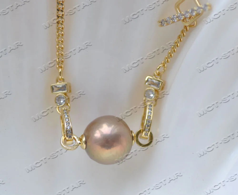 Z12346 A++ 13mm Lavender Round Edison Keshi Pearl Pendant CZ Chain