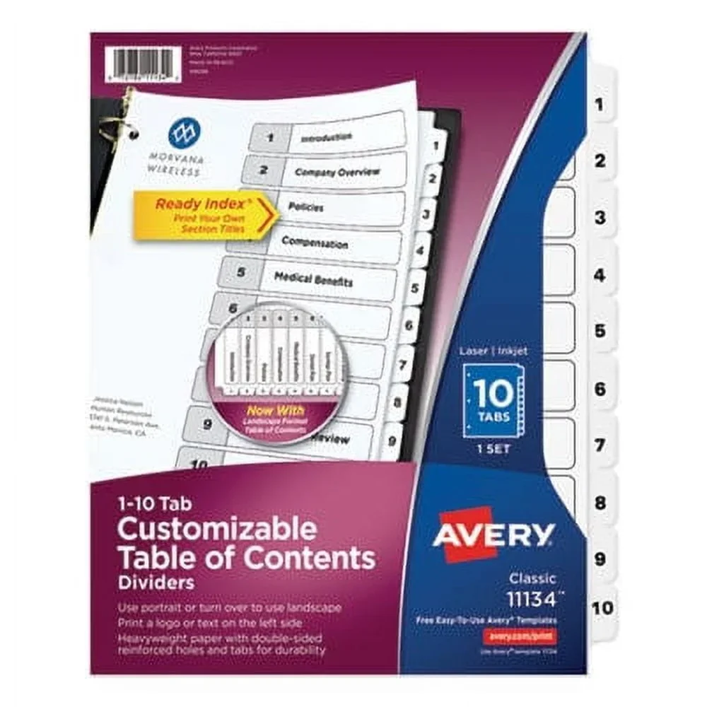 10-Tab Paper Divider Set with Printable Table of Contents Heavyweight Reinforced Holes Project Binders Training Manuals