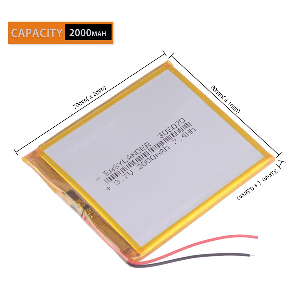 306070 3.7V 2000mAh Rechargeable Lithium Li-ion Polymer Battery For E-Book Tablet PC Power Bank Wexler Book E6005