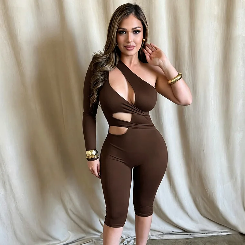 JENYAGE Damen-Jumpsuit mit einem Schulter-Ausschnitt, weich, dehnbar, einfarbig, sexy, langärmelig, asymmetrisch, figurbetont, knielang. – Detail 1