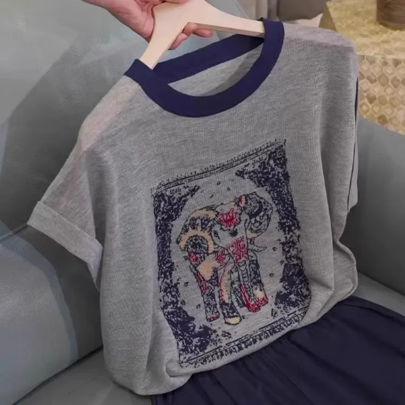 Women's Casual Contrast Ringer Crew Neck T-shirt With Vintage Elephant Print Soft Slub Cotton Rolled Cuff Short Sleeve Top