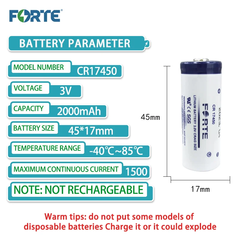 FORTE CR17450 3V Lithium Battery 2000mAh for Water Meter, Smoke Alarm, Infrared Sensor, Gas Meter, Flow Meter