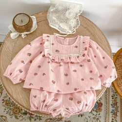 Autumn new baby clothing, 0-3 year old female baby, peach print long sleeved top+bread pants two-piece set