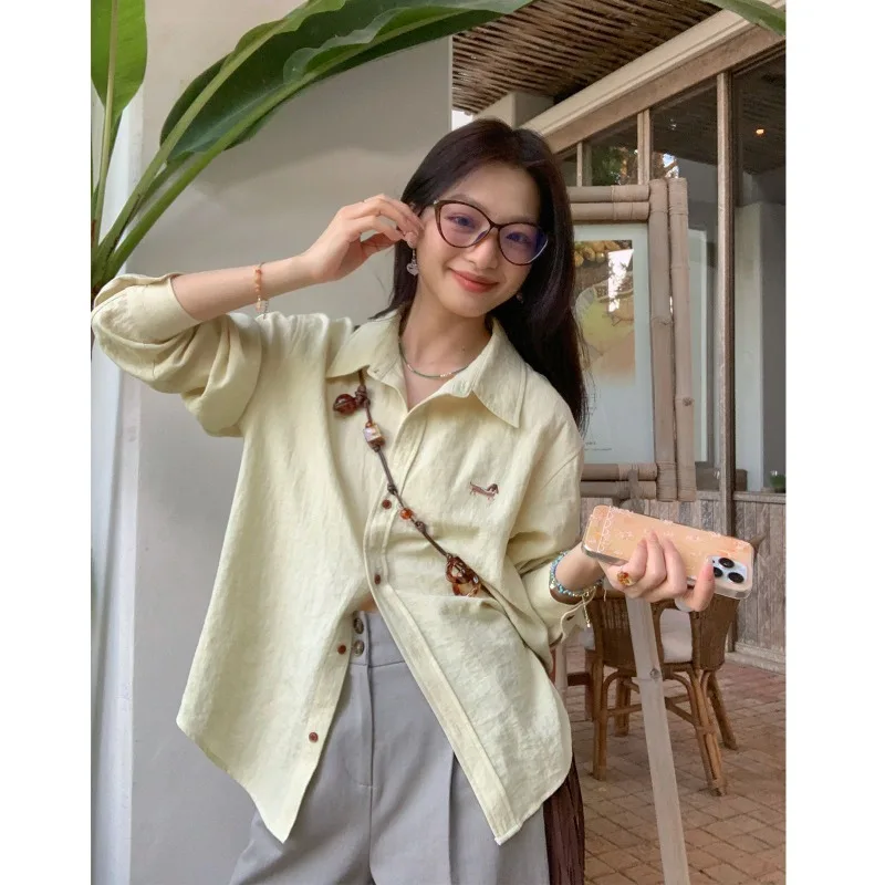 Deeptown Cartoon Embroidered Women's Shirts Basic Long Sleeve Korean Fashion Blouses Loose Solid Color Casual Aesthetic New