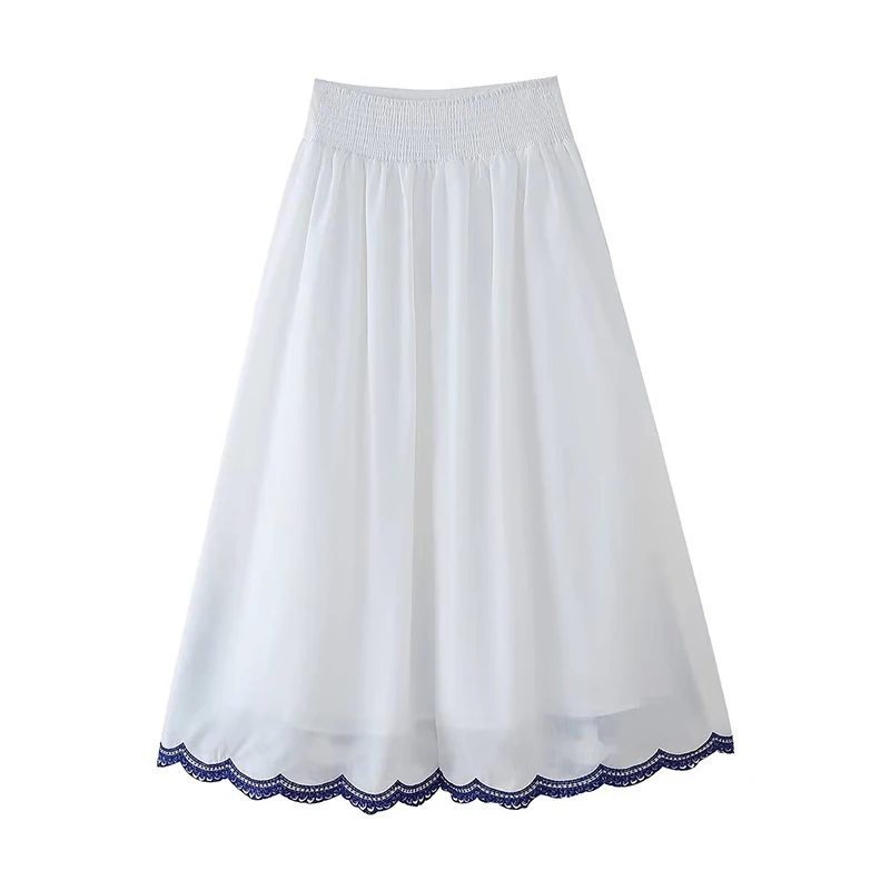 YENKYE 2024 Women Contrast Floral Embroidery White Skirt Back Elastic Waist A-line Summer Long faldas largas