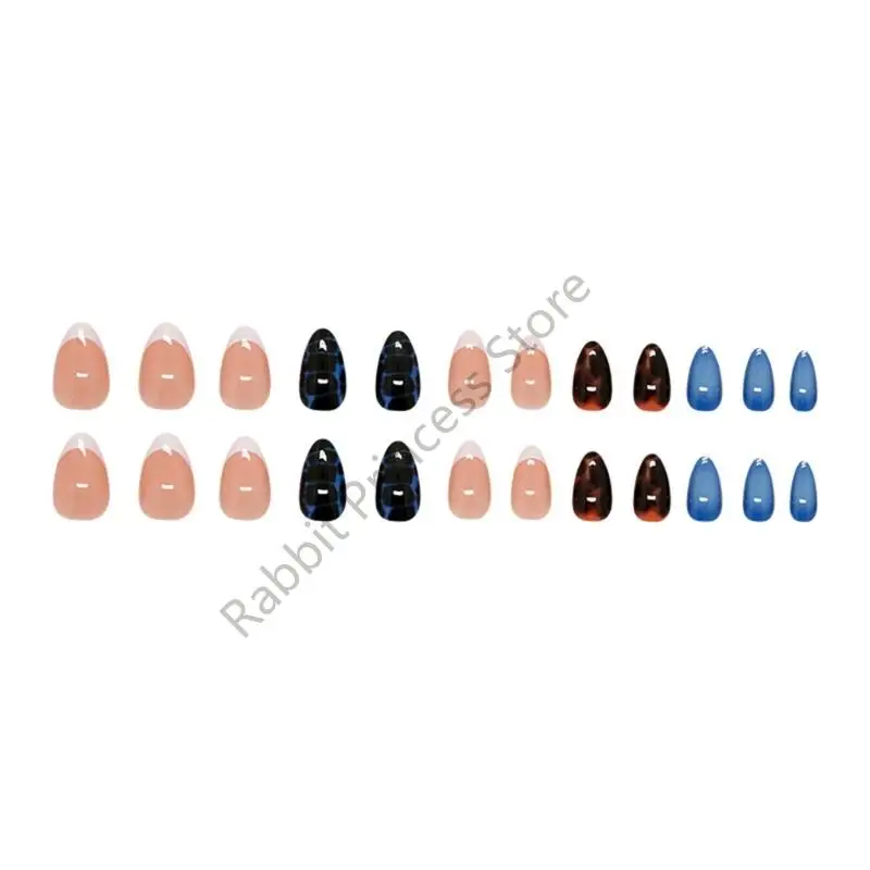 BX0F Luxurys ABS مجموعة أظافر صناعية 24 قطعة نمط سلحفاة زرقاء مع لهجات أحجار الراين اللامعة
