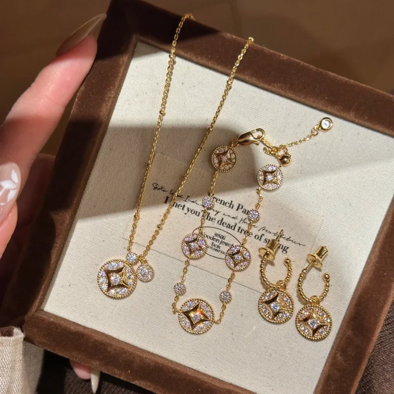 

New Chinese style old-coin necklace, clavicle chain, fashionable and luxurious diamond-encrusted coin bracelet, coin earrings,