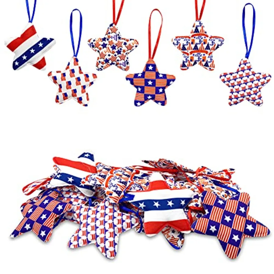 

30 Pcs 4th of July Decoration Fabric Wrapped Stars, 2.7 x 5.3 Inch Patriotic Ornaments Red White and Blue Stars, Memorial Day T