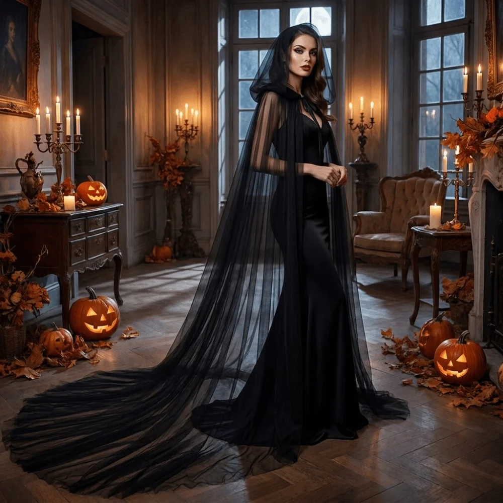 Solid Color Halloween Hooded Tulle Cape Soft Long Mesh Cloak Lightweight Polyester Cosplay Bridal Costume Renaissance Party