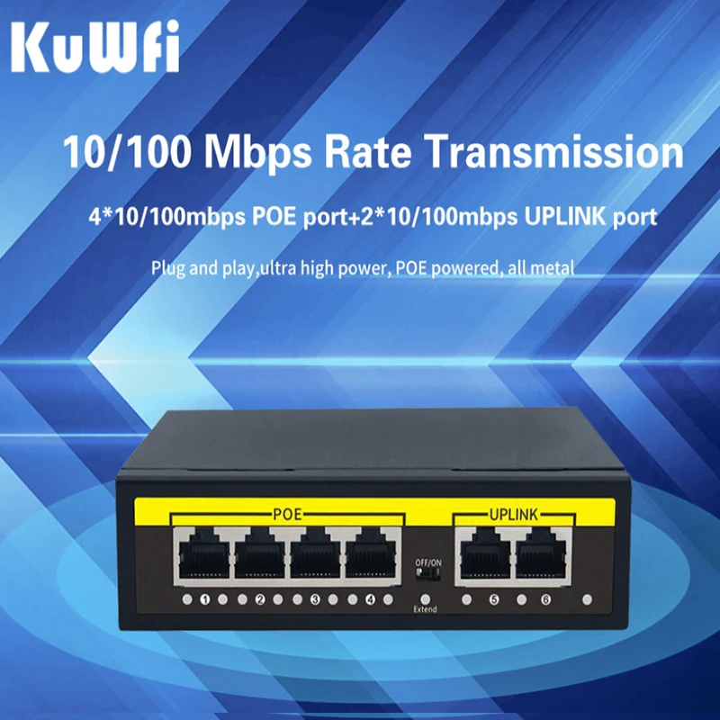 KuWfi 48V POE Switch 6 Port 10/100Mbps Smart Switch for IP Camera / Wireless AP /CCTV Camera 1.2Gbps Full-duplex IEEE802.3 AF/AT