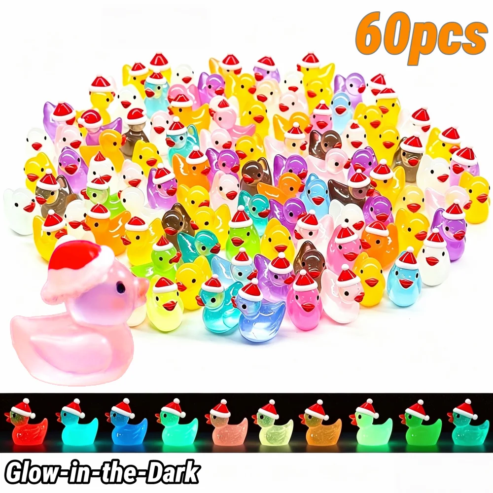 10/60pcs Luminous Christmas Miniature Duck with Santa Hats Aquarium Decor DIY Craft Ornament Kit for Xmas Holiday Party Favors