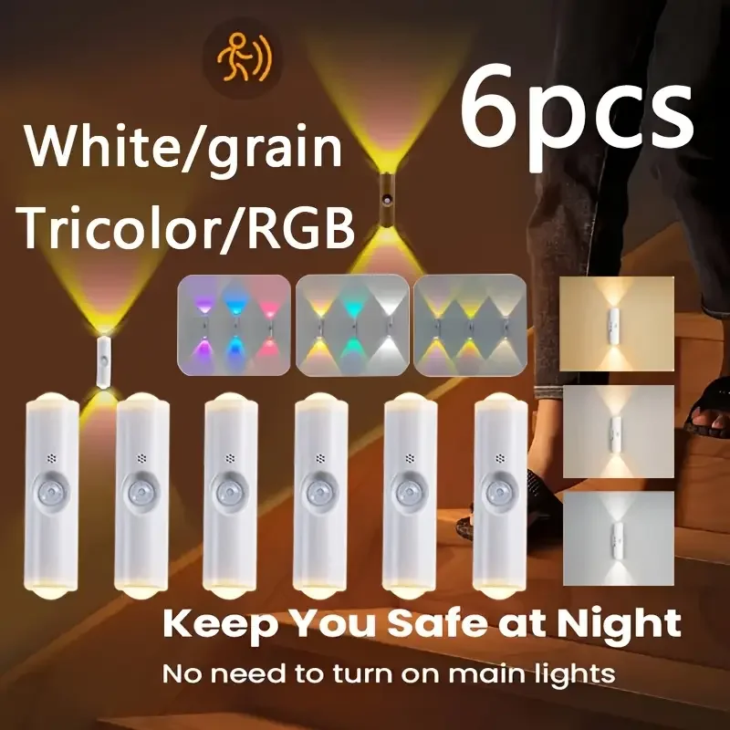 1/2/4/6PCS Induction Dual Head Luminous Wall Lamp USB Charging Induction Lamp Suitable for Dormitory Stairs Living Room Bedroom