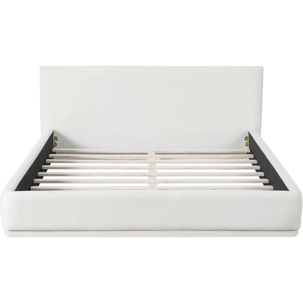 Merax Nowoczesna Łóżko z Tapicerowanym Ramą w Stylu Queen z Zagłówkiem, Miękkie Łóżko na Niskiej Platformie z Aksamitu, Nie Wymaga Stelaża, Łatwy Montaż, Biały