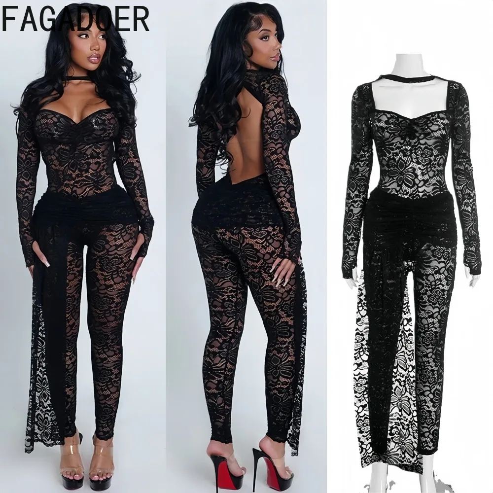

FAGADOER Sexy Lace Ruched Patchwork Bodycon Jumpsuits for Woman See Through Long Sleeves Rompers Female Party Club Overalls New