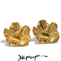 Yhpup 316L Stainless Steel Metal Flower Stud Earrings Rust Proof 18K Gold PVD Plated Modern Daily Jewelry for Women Charm Gift