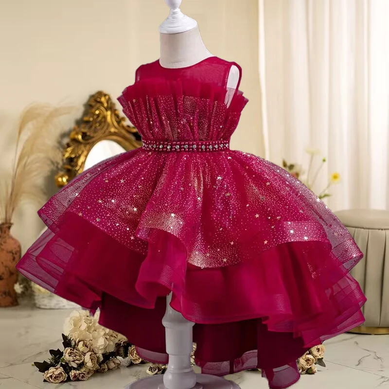 New Summer Children\'s Dress Birthday Party Sequin Sleeveless Girl Princess Dress 3-12 Year Old Tail Mesh Evening Dress