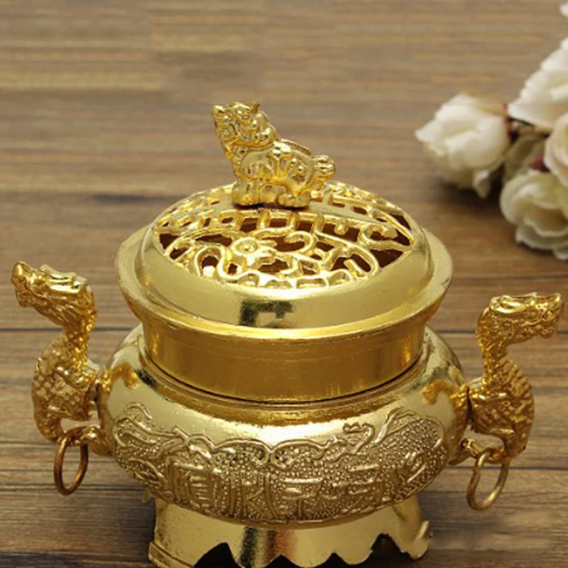 Alloy Incense Burner Double Dragon Ear Style Hollow Cap Censer Buddhism Bronze Mini Incense Cone Holder Metal Craft Home Decor