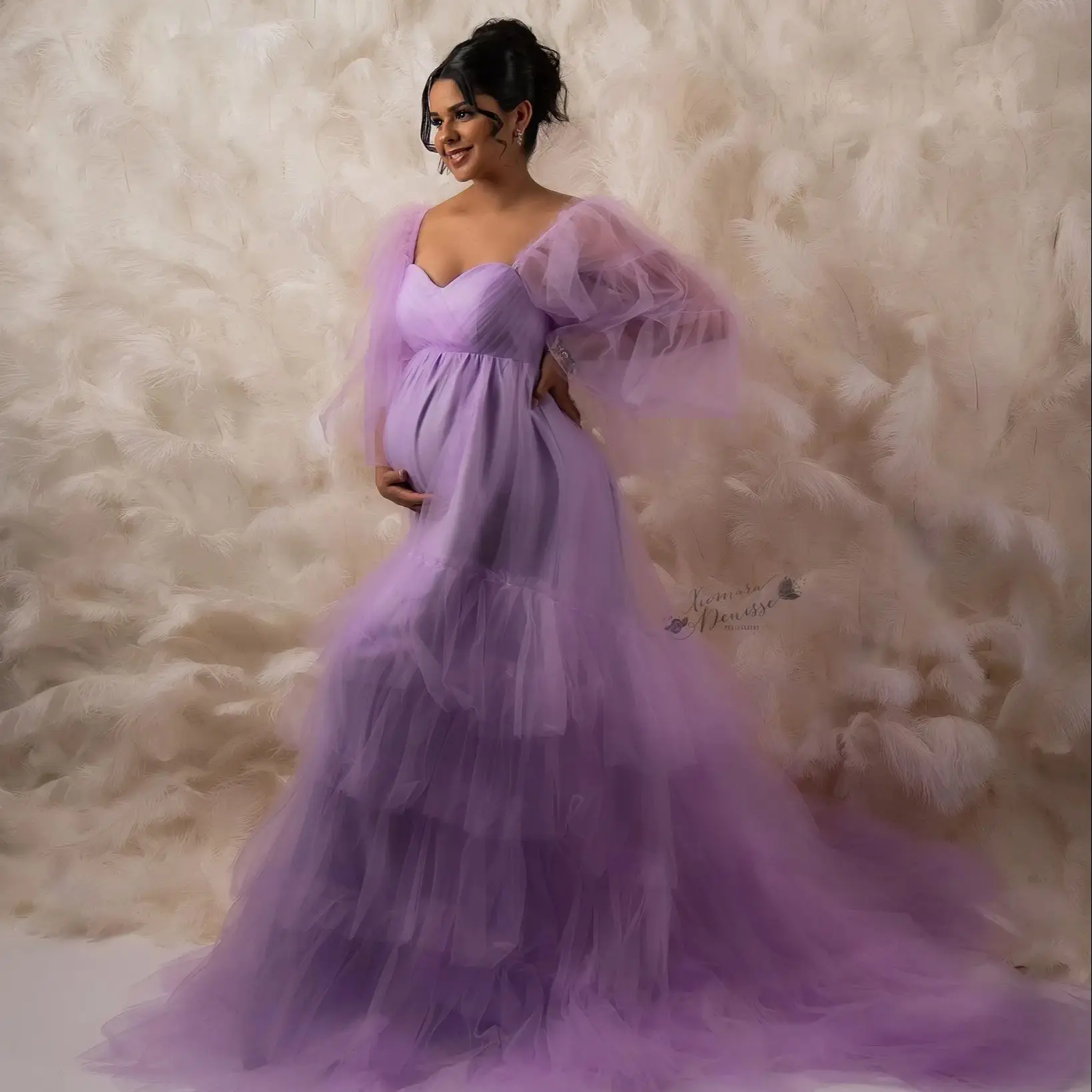 

Illusion Purple Prom Dress Maternity Dress Tiered Ruffles Pregnancy Robes Photo Props Dressing Long Babyshower Gowns