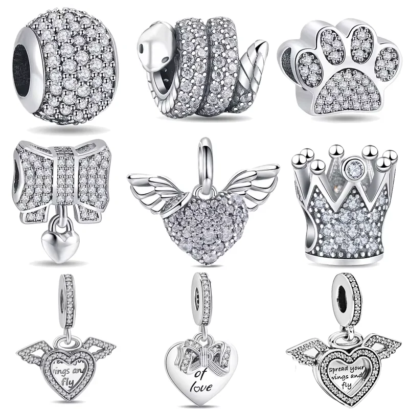 Hot Sale 925 Sterling Silver Paw Print Feather Angel Wings Charms Beads Fit Original Pandora Bracelet Bangle Jewelry Making