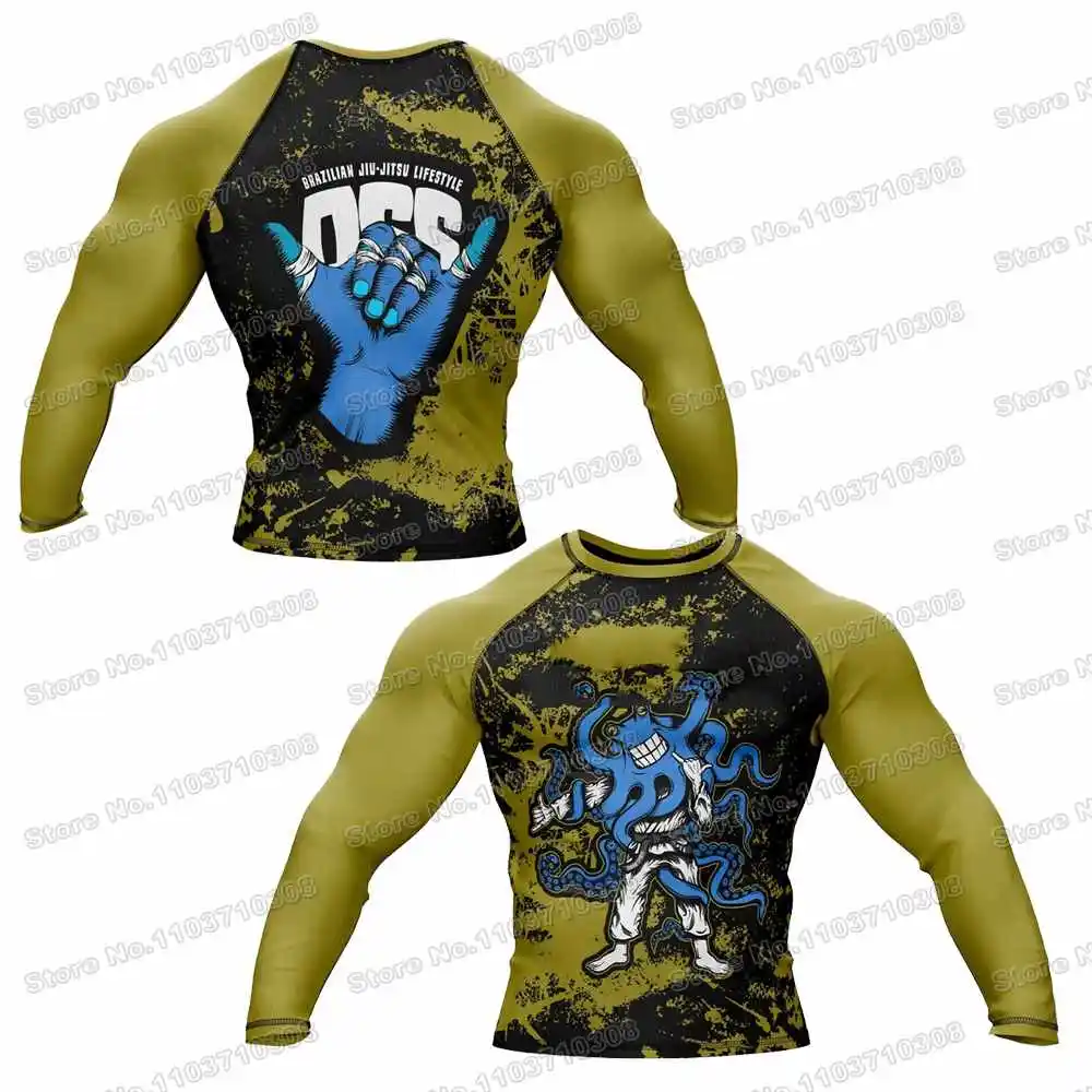 Camisas de proteção de polvo wwf rash guards camisa de surf camisas de praia roupa de banho mergulho ginásio shorts mma bjj masculino jiu jitsu conjuntos de fitness