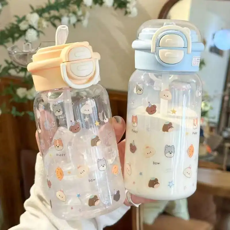 

550ML Double Drink Dot Dog Plastic Cup Children's Student Plastic Water Bottle Summer Outdoor Portable Straw Cup