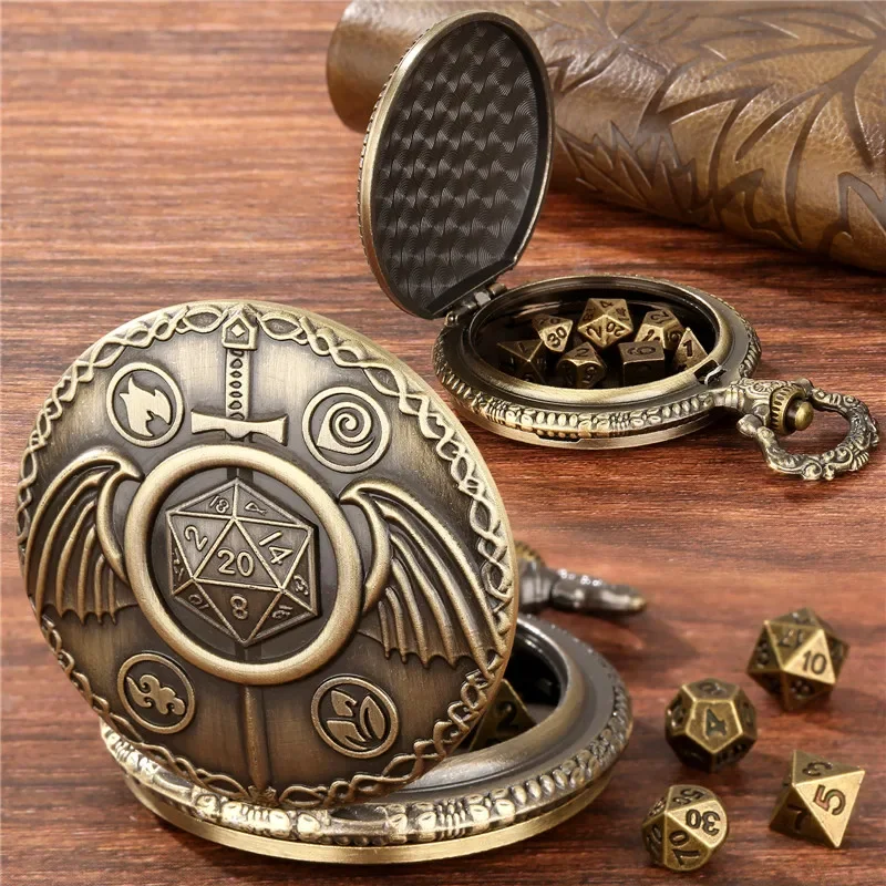 Antique Fighter Sword with Wings Pocket Watch Case and FOB Chain 7pcs Metal Tiny Polyhedral Dice Set Role Play Gaming Accessory
