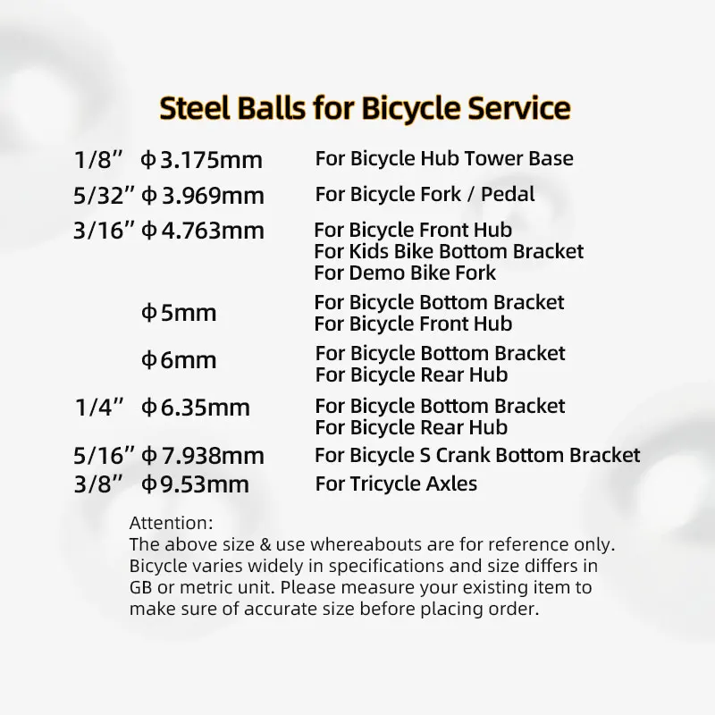 Diámetro de rodamiento de bolas sueltas de acero al carbono para bicicleta, 144/20 piezas 1/4 1/8 3/8 3/16 5/16 5/32-inch 5mm 6mm para MTB niños bicicleta Scooter