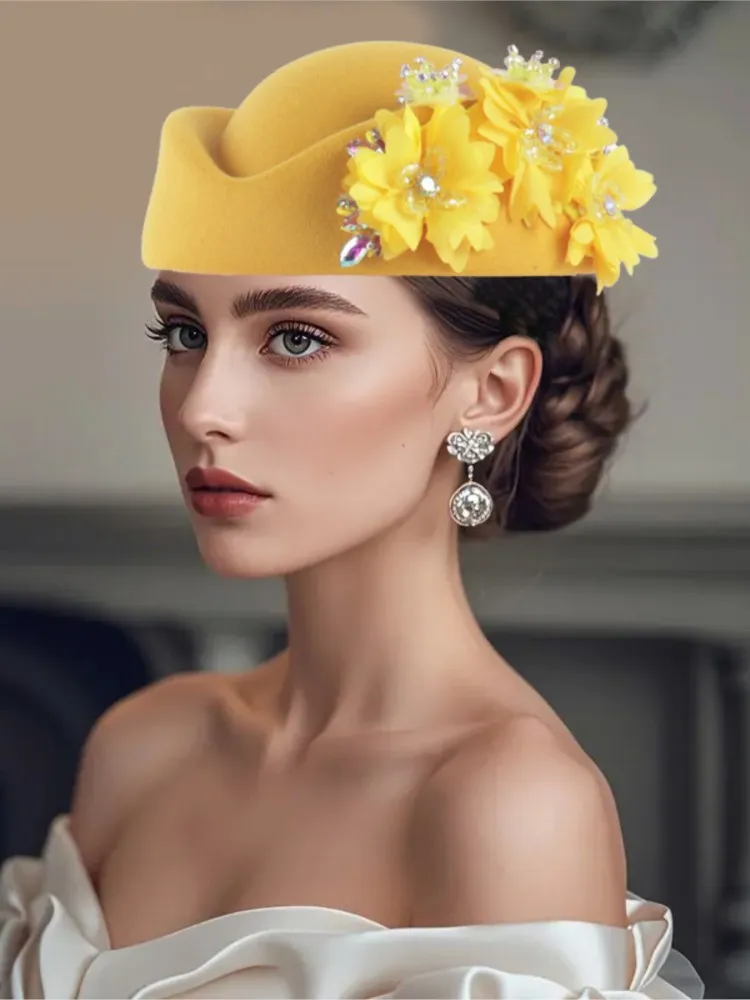 ヴィンテージフェルトターバン帽子女性のための教会ダービーファシネーター花レディースソフトベレー帽キャップパーティー航空会社のスチュワーデス帽子