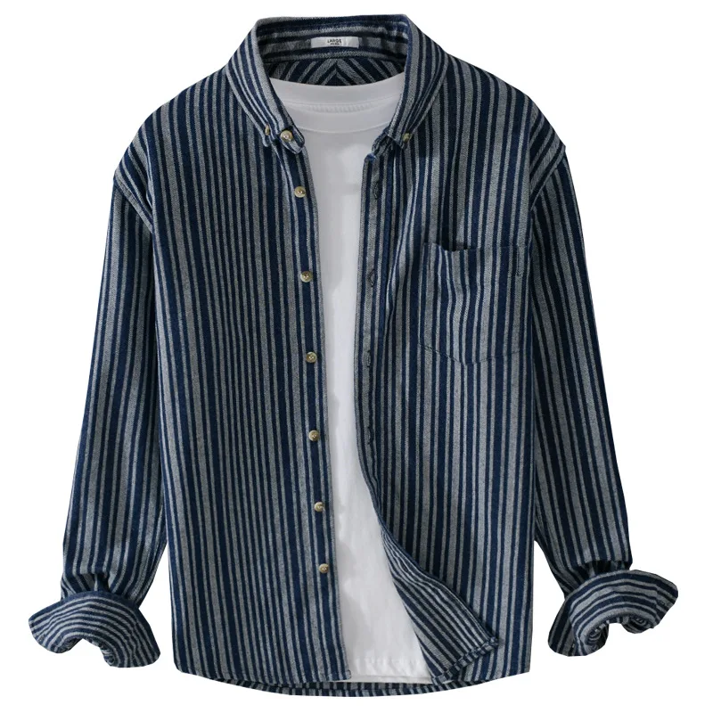 Spring Fashion Men's Vintage Classical Striped Shirt Business Casual Long Sleeve Simple Loose Basics Blouses Handsome Denim Tops