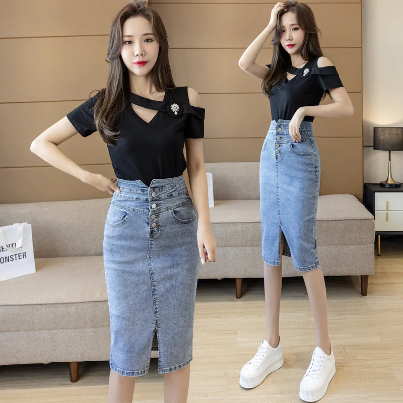 Spring and Summer Casual Travel Commute Silm Fit Mid Length High Waist Bag Hip Split Denim Skirt for Women