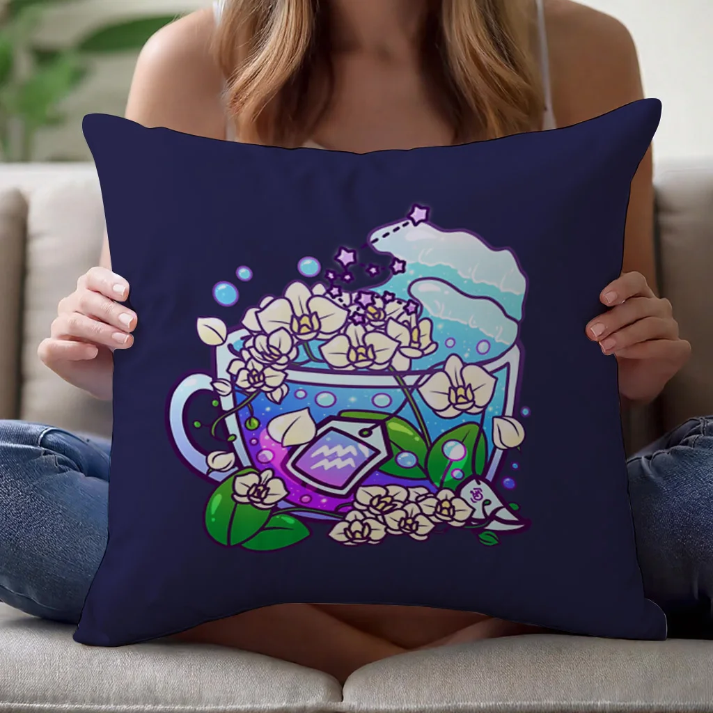 Cute Watercolor Orchid Floral Pillow Cover for Sofa Cushion Home Decor Aesthetic Cup Tea Party Throw Pillow 45x45cm