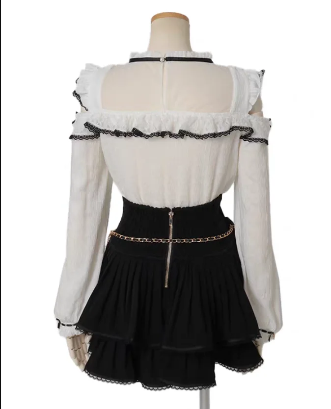 

Japanese Style Mass-Produced New Stand Collar Long Sleeve Shirt Sweet Cute Lolita Tops Lace Patchwork Off-Shoulder Blouse