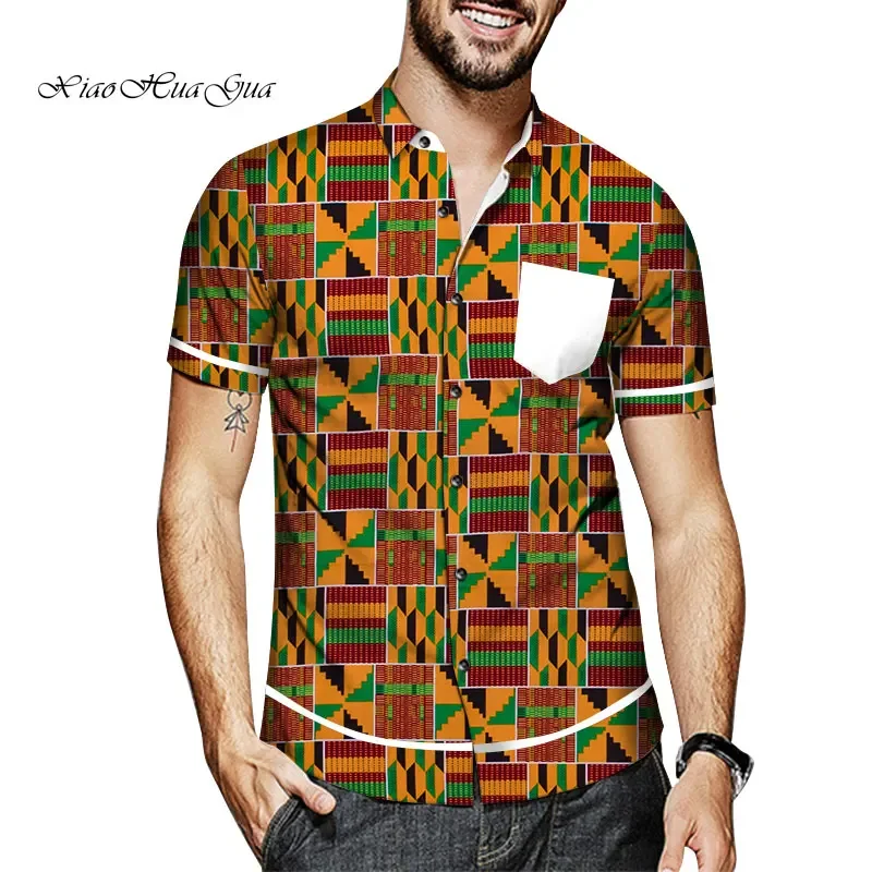 Vintage African Geometric Print Men Short Sleeve Shirt Kente Ankara Pattern Pocket Decor Button Down Summer Holiday Beach Shirts