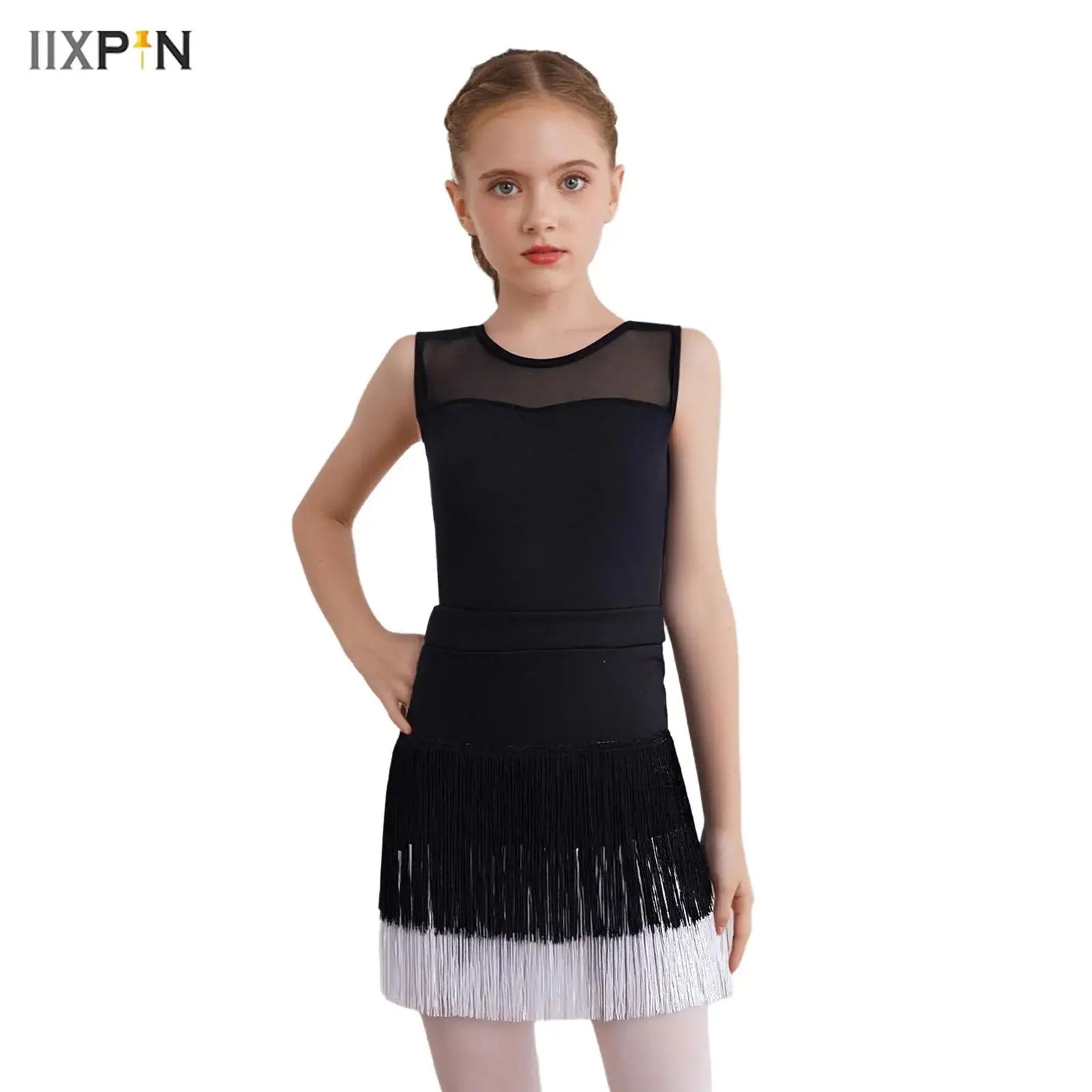 

Kids Girls Latin Samba Tango Dance Costumes Outfit Sleeveless Sheer Mesh Patchwork Press Buttons Crotch Leotard with assel Skirt