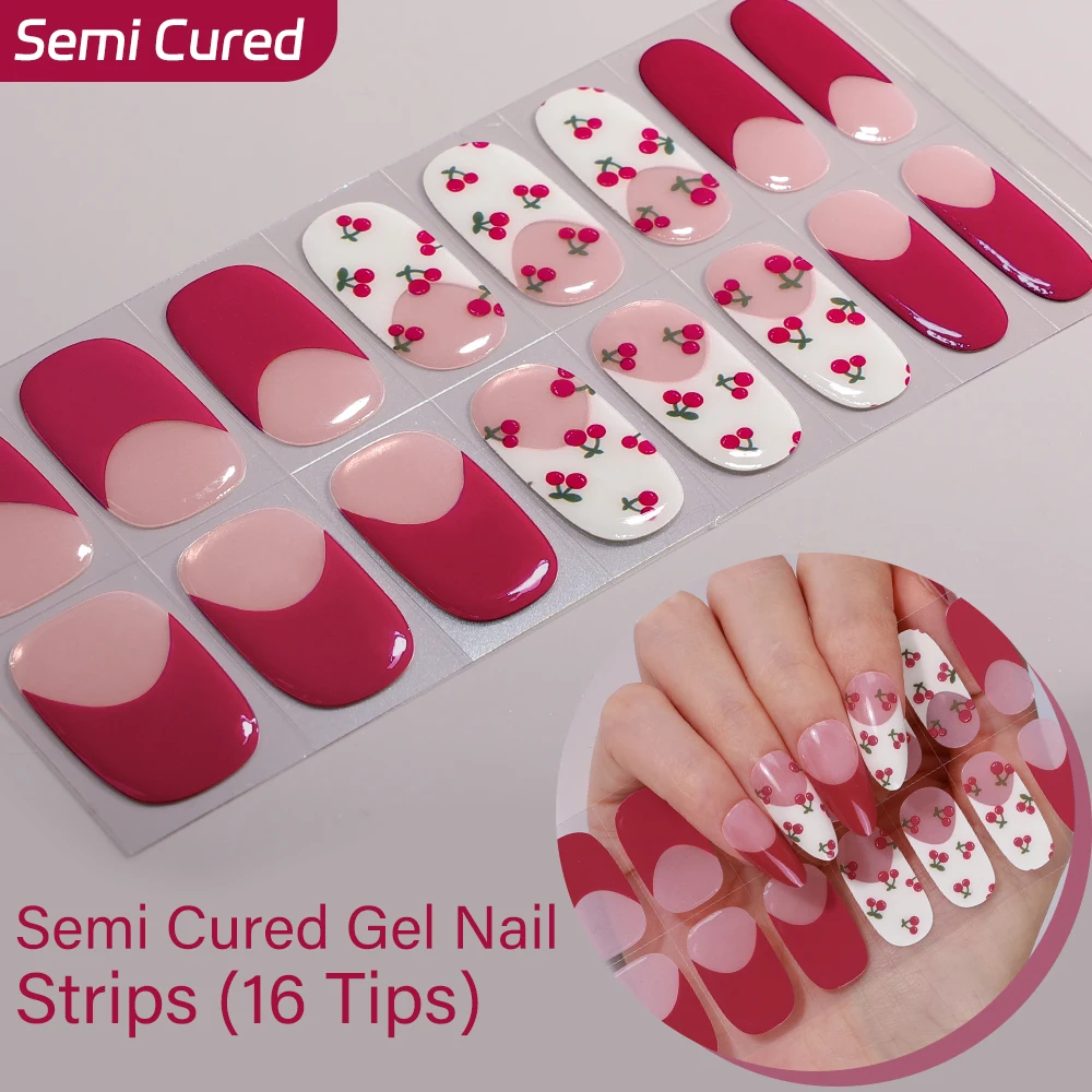 16Tips Semi-Cured Gel Nail Sticker Cute Cat Plaid Adhesive Waterproof Long Lasting Gel Nails Stickers for UV Lamp DIY Manicure