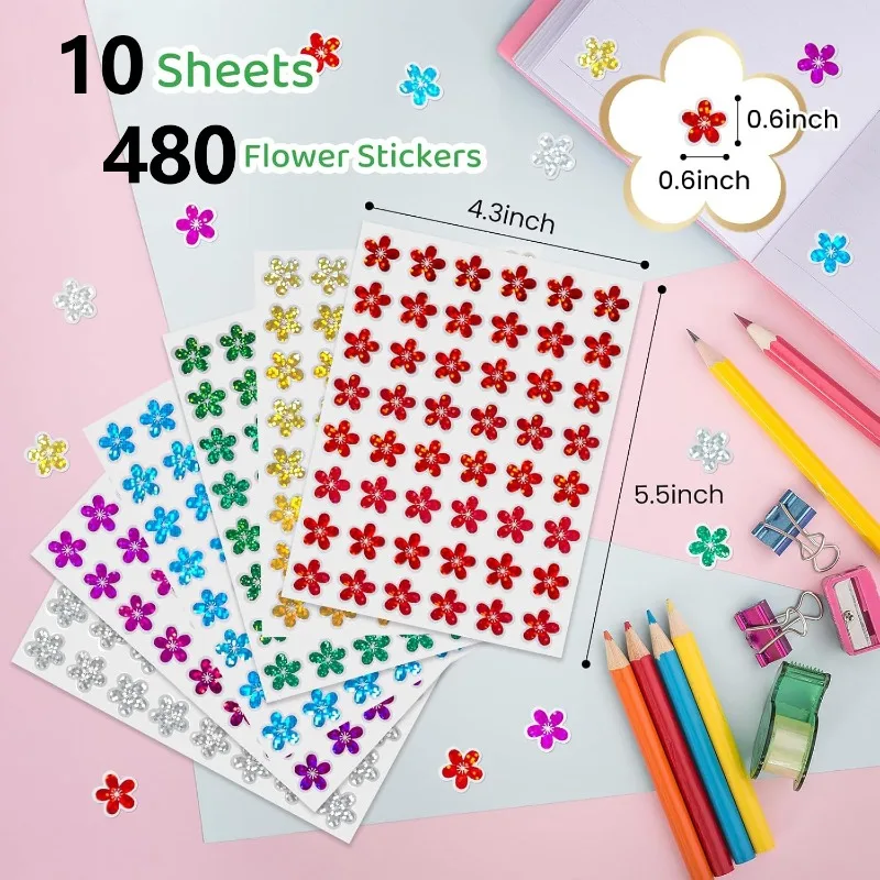 480pcs=10 Sheets Holographic Reward Stickers for Students Shiny Star Flower Heart Teacher Supplies