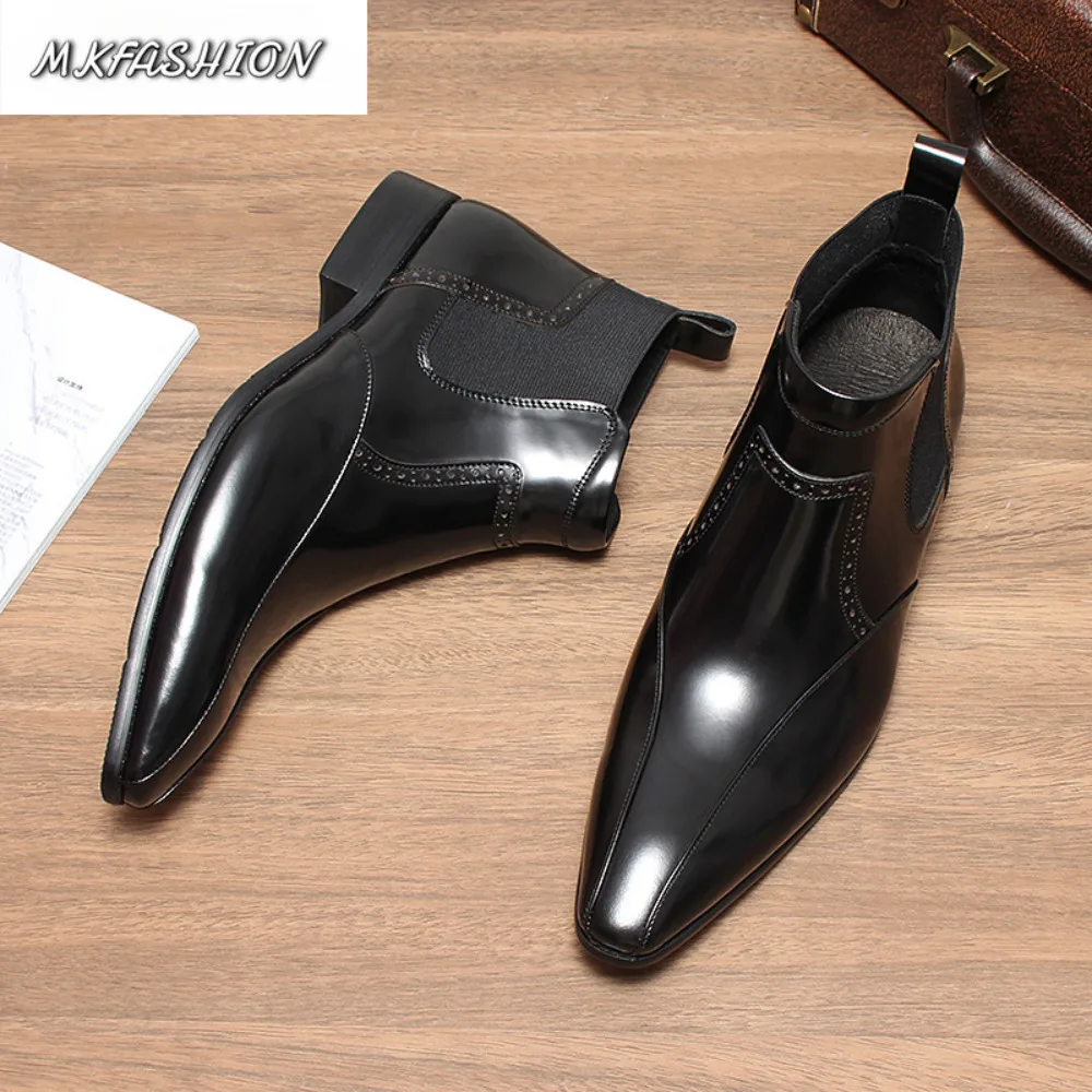 Winter Pointed Toe Patent Leather Boots Men Fashion Trendy Leather Boots
