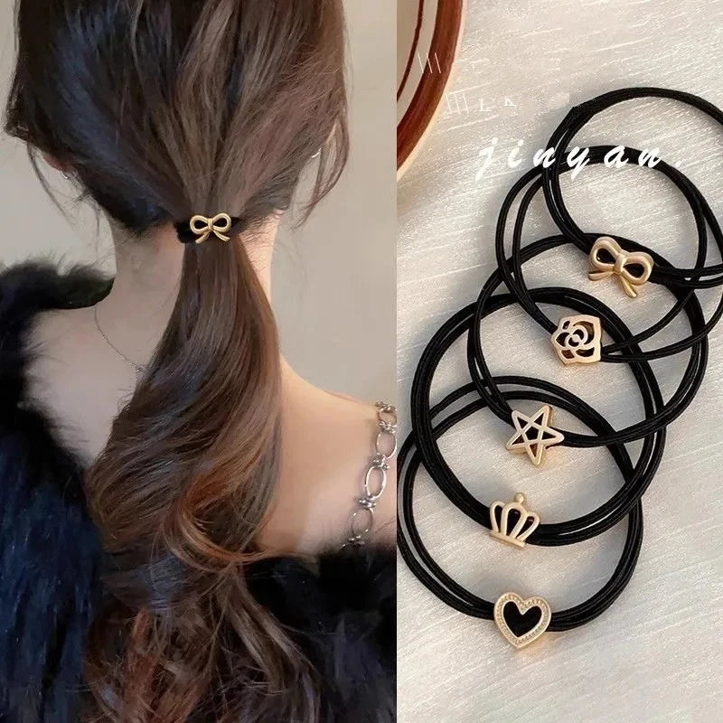 5PFashion Alloy Heart Flower Pentagram Ornament Elastic Hair Bands Basic Black Brown Thin Rubber Bands High Elasticity Hair Ties