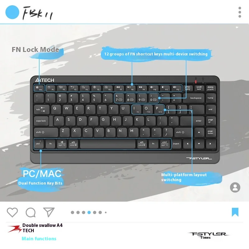Keyboard Bluetooth nirkabel A4tech Fbk11, Keyboard Bluetooth portabel untuk Tablet, Laptop, perangkat Multi Mode